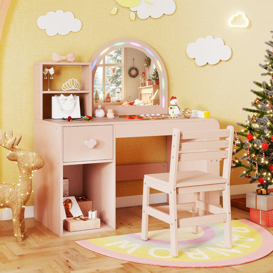 The kids vanity set placed in a festive room with a Christmas tree and decorations
