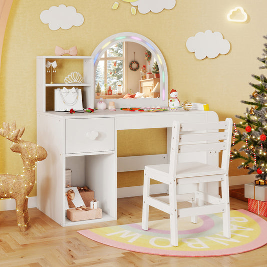 The vanity table and chair set is shown in a child's bedroom with festive decorations