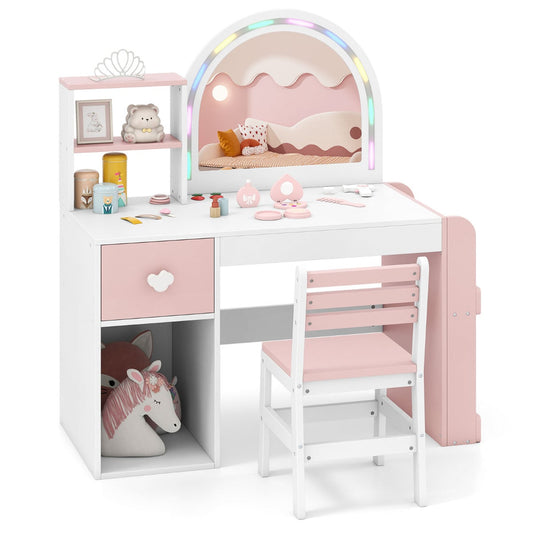Kids Vanity Table and Chair Set with a lighted mirror and open storage shelves in pink and white