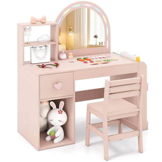 Kids Vanity Table and Chair Set in pink with a lighted mirror and storage shelves