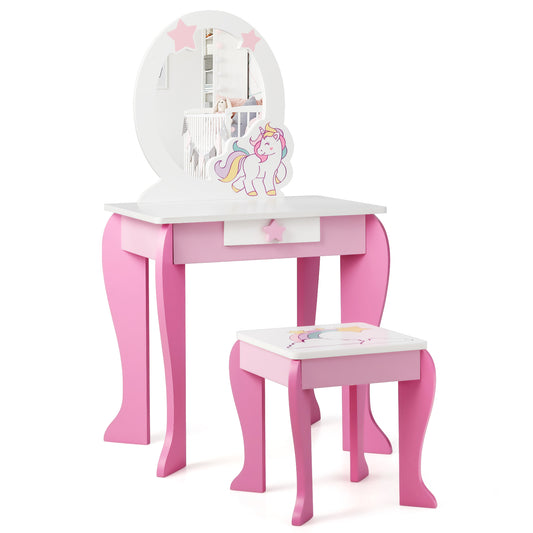 Kids Vanity Table and Chair Set with mirror and detachable top in pink