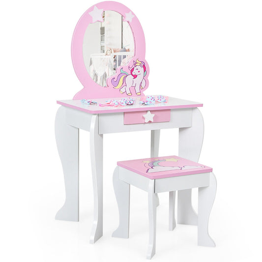 Kids Vanity Table and Chair Set with Mirror and Detachable Top-White, a white table and chair with pink trim and unicorn