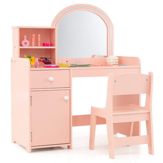 Kids Vanity Table and Chair Set in light pink with a mirror, shelves, drawer and cabinet