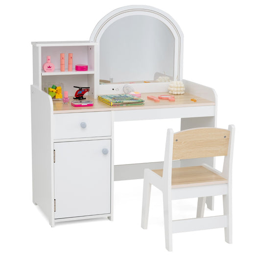 Kids Vanity Table and Chair Set with shelves drawer and cabinet in natural and white