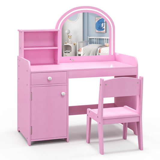 Kids Vanity Table and Chair Set with shelves drawer and cabinet in pink