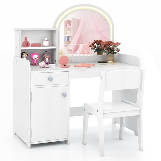 Kids Vanity Table and Chair Set with shelves, drawer and cabinet in white