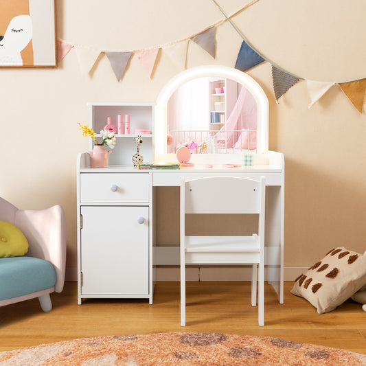 White kids vanity table and chair set with shelves, drawer and cabinet in a child's bedroom