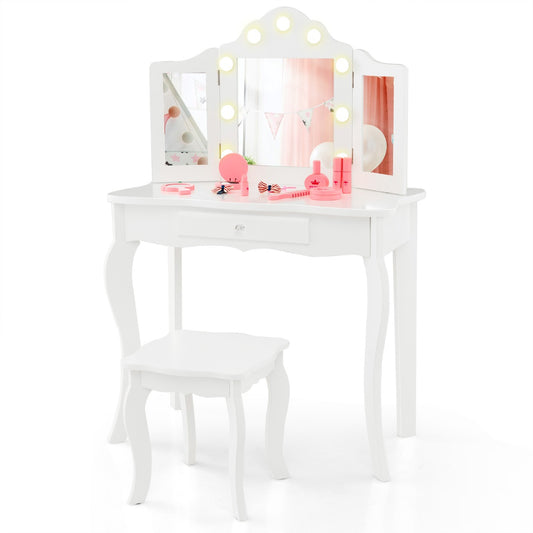 Kids Vanity Table and Stool Set with a white finish and a tri-folding mirror with lights