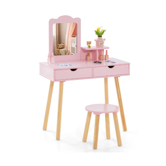 Kids Vanity Table and Stool Set with Square Mirror and Storage Shelf-Pink, a pink vanity table with a mirror and stool