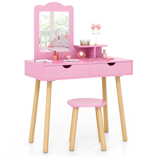 Kids Vanity Table and Stool Set with a square mirror and two drawers in light pink