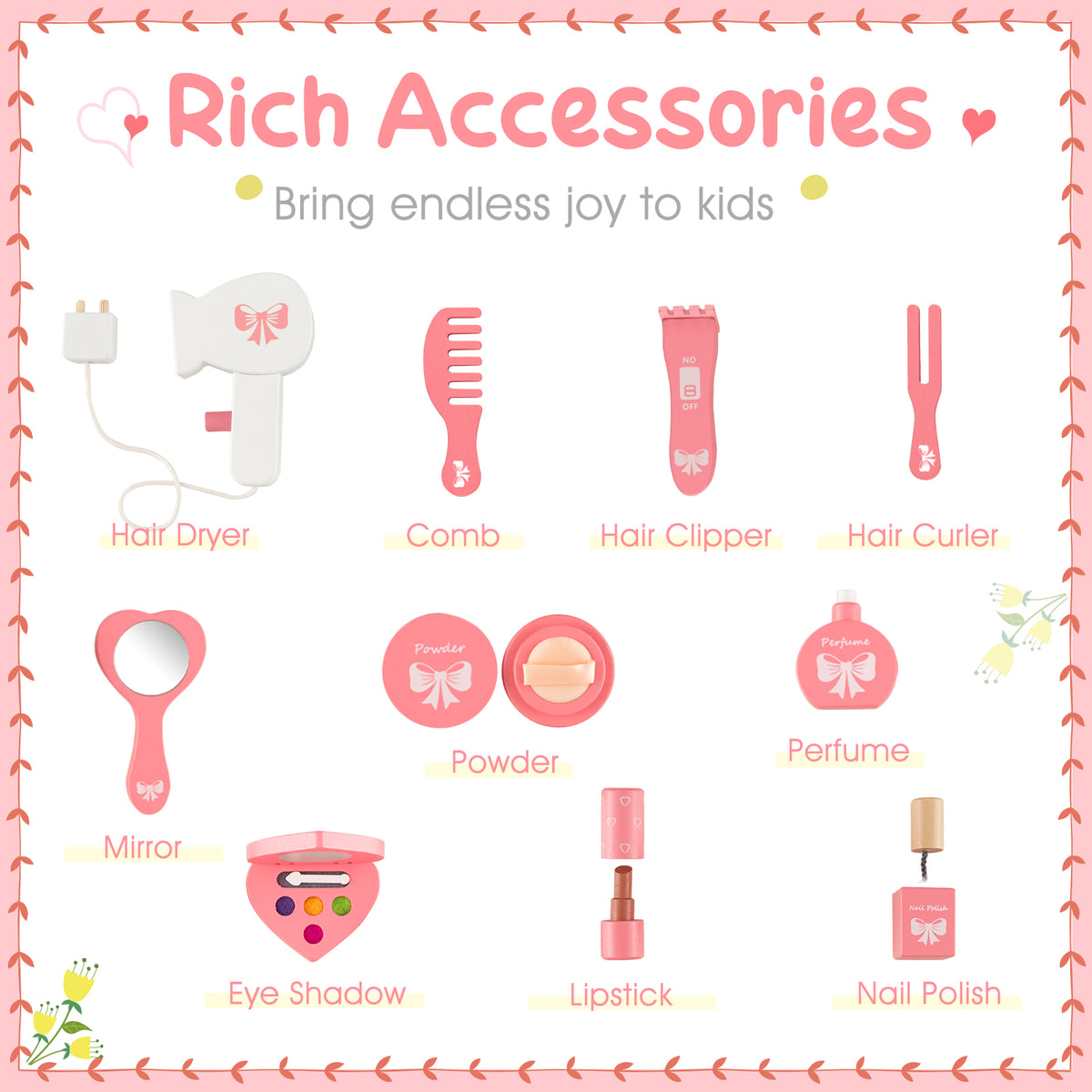 The kids vanity set accessories including a toy hair dryer, comb, lipstick and nail polish