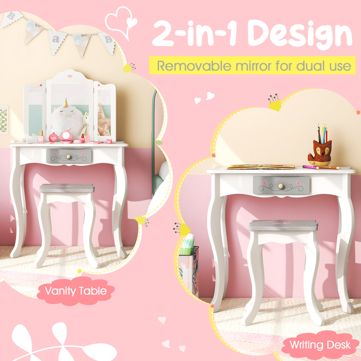 The kids vanity set shown as a dressing table and a writing desk with a removable mirror