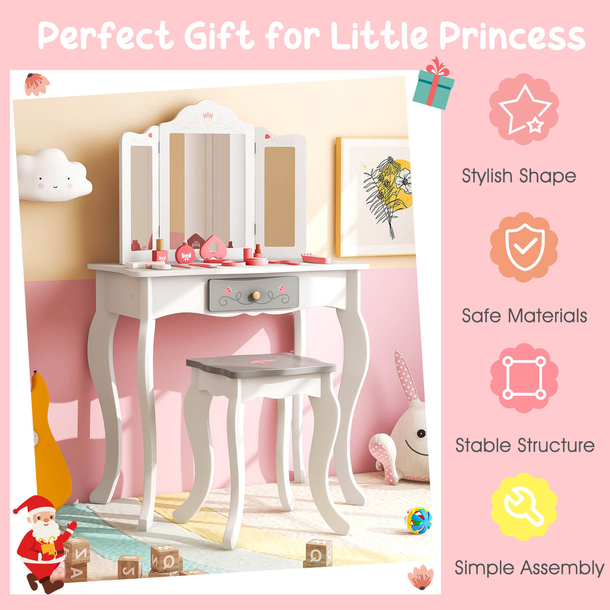 The kids vanity set displayed with icons highlighting features like safe materials and assembly