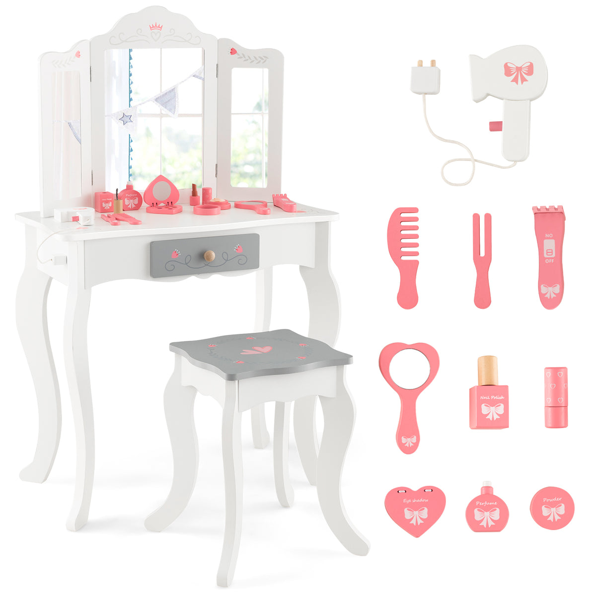 Kids Vanity Table and Stool with a tri-fold mirror and a set of pink toy beauty accessories