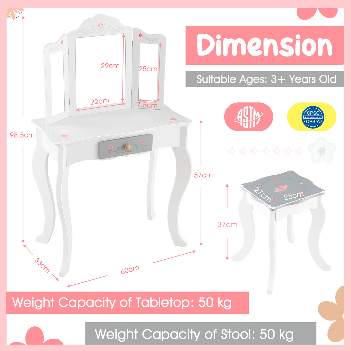 The kids vanity set showing height and width dimensions with labels on a white background