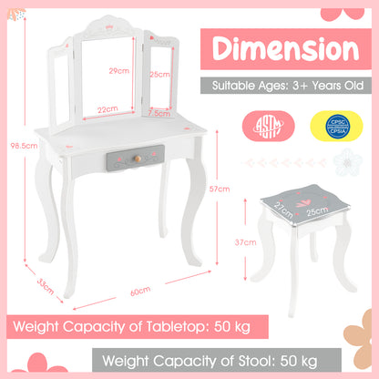 The kids vanity set showing height and width dimensions with labels on a white background