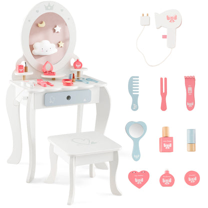 The kids vanity table and stool set with all included accessories laid out