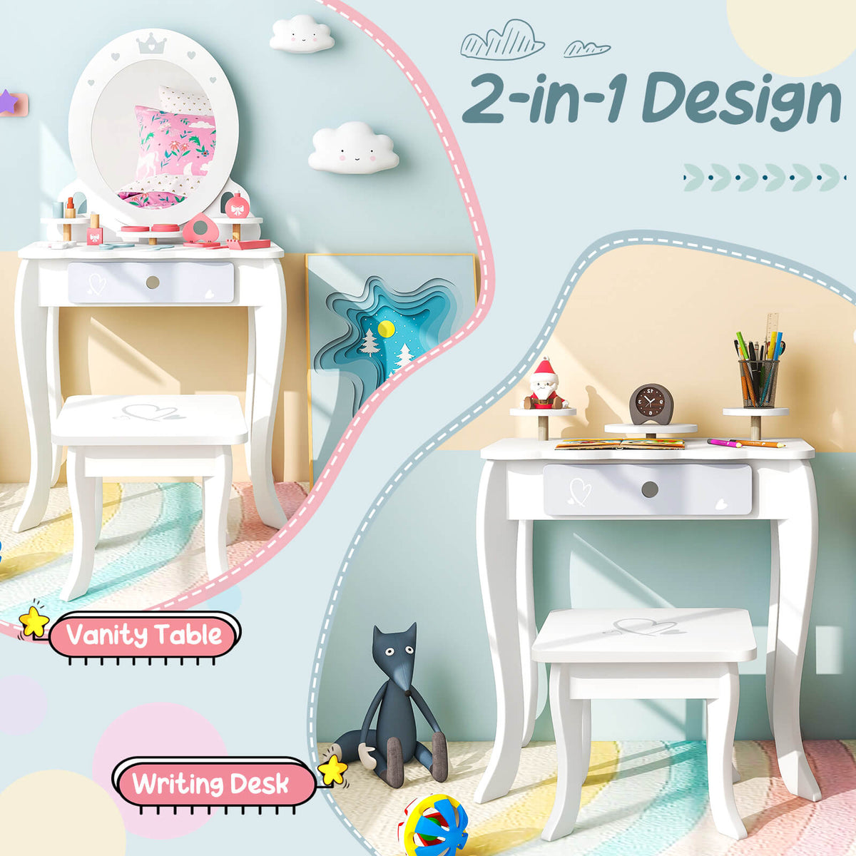 The kids vanity table can be used as a writing desk, shown in two configurations