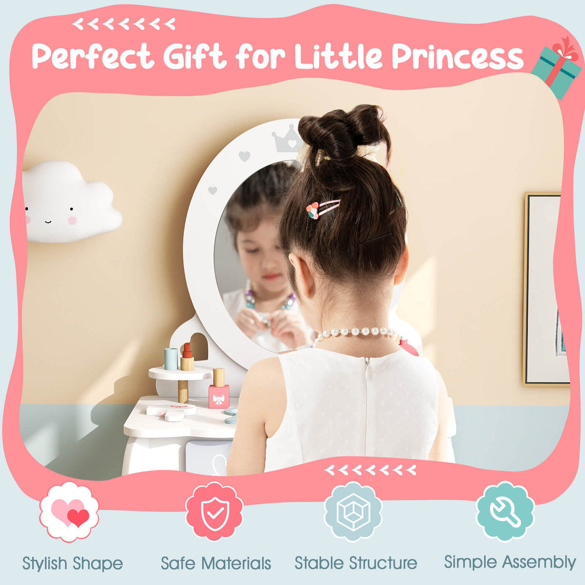 A young girl using the kids vanity table and stool set, reflecting in the mirror