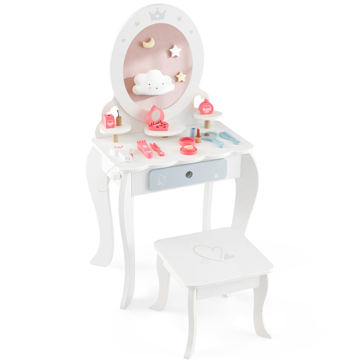 Kids Vanity Table and Stool with Mirror and 3 Shelves-White, showing the dressing table and stool with accessories