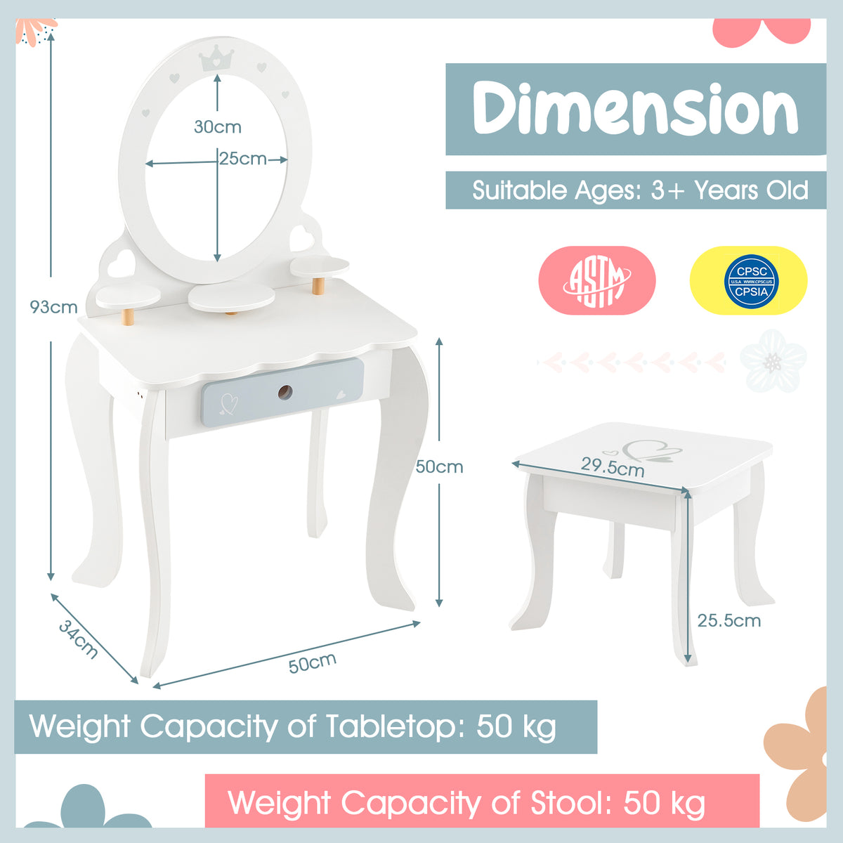 Dimension diagram for the kids dressing table and stool set
