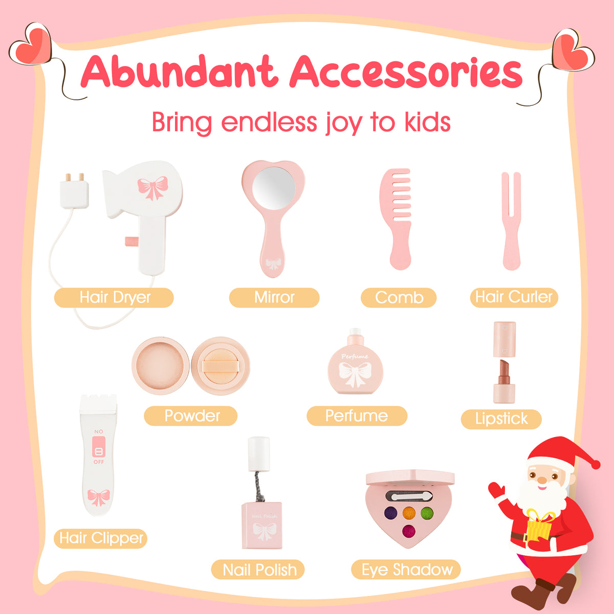 All the accessories included with the kids vanity table and stool, including a hairdryer and makeup