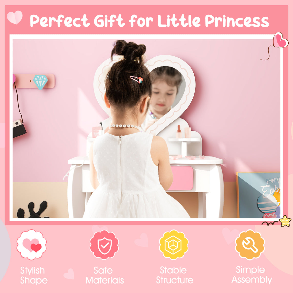 A young girl using the kids vanity table and stool, reflected in the mirror