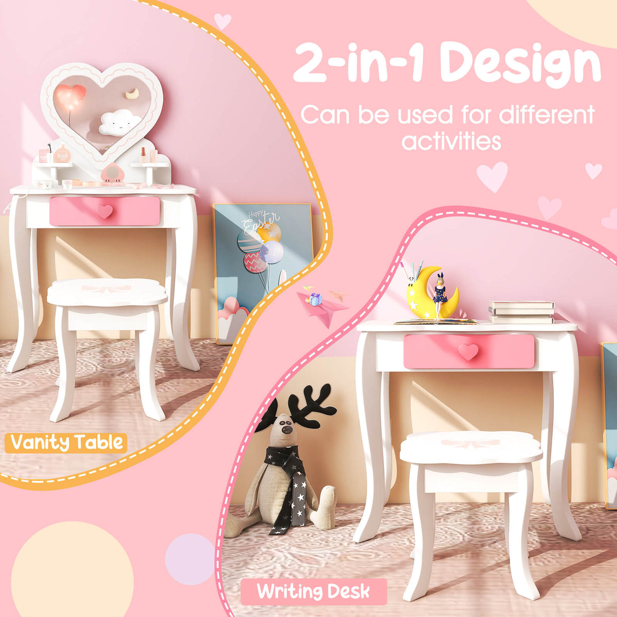 The kids vanity table and stool shown as a vanity table and then as a writing desk