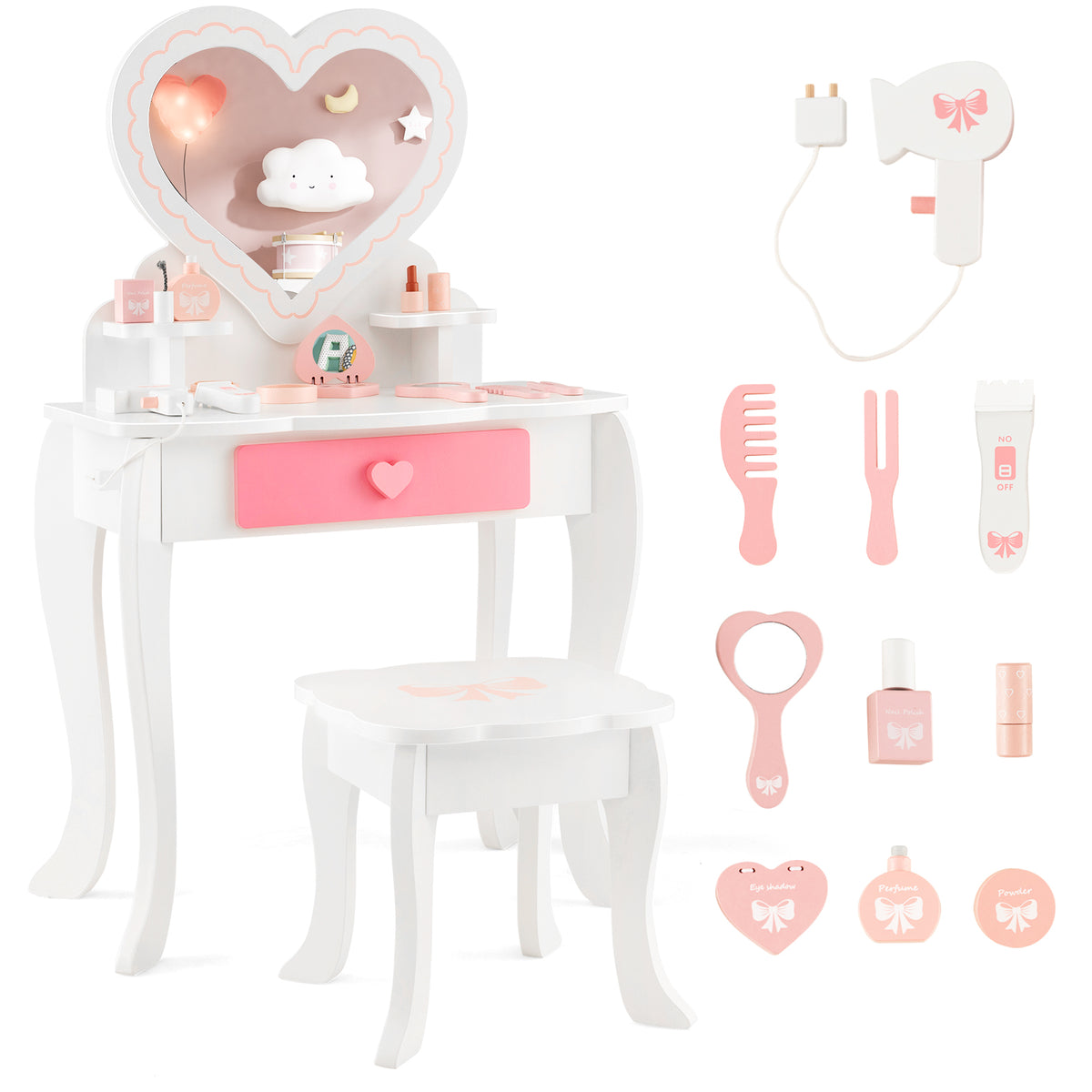 Kids Vanity Table and Stool with removable mirror and drawer in white, showing the vanity and stool with accessories on top