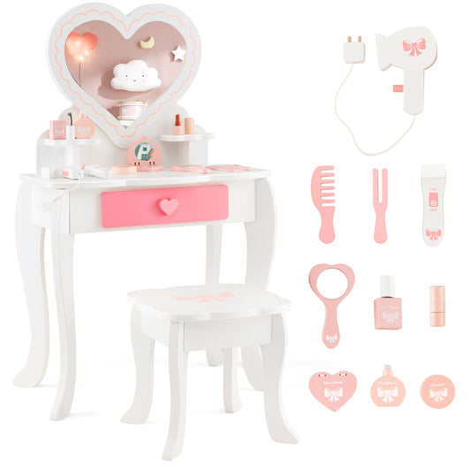 Kids Vanity Table and Stool with removable mirror and drawer in white, showing the vanity and stool with accessories on top