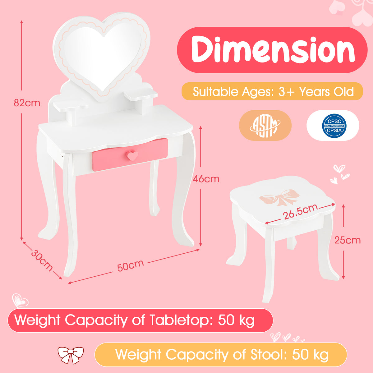 Dimension diagram for the kids vanity table and stool, showing measurements in cm