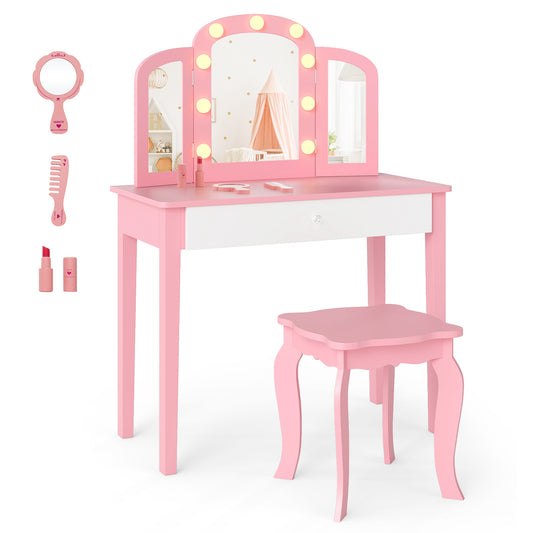 Kids Vanity Table with mirror and lights, including a stool, comb, and lipstick