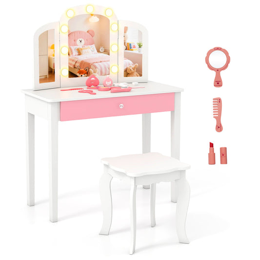 Kids Vanity Table with Mirror and Lights, a white and pink dressing table with a mirror and lights
