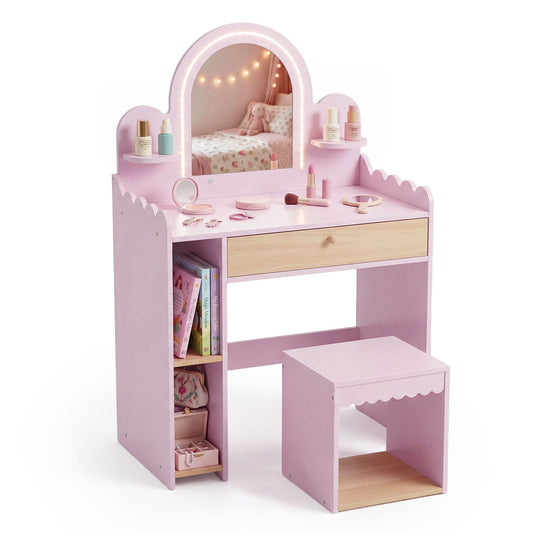 Kids Vanity with Lights shown in pink with a matching stool and storage shelves on a white background