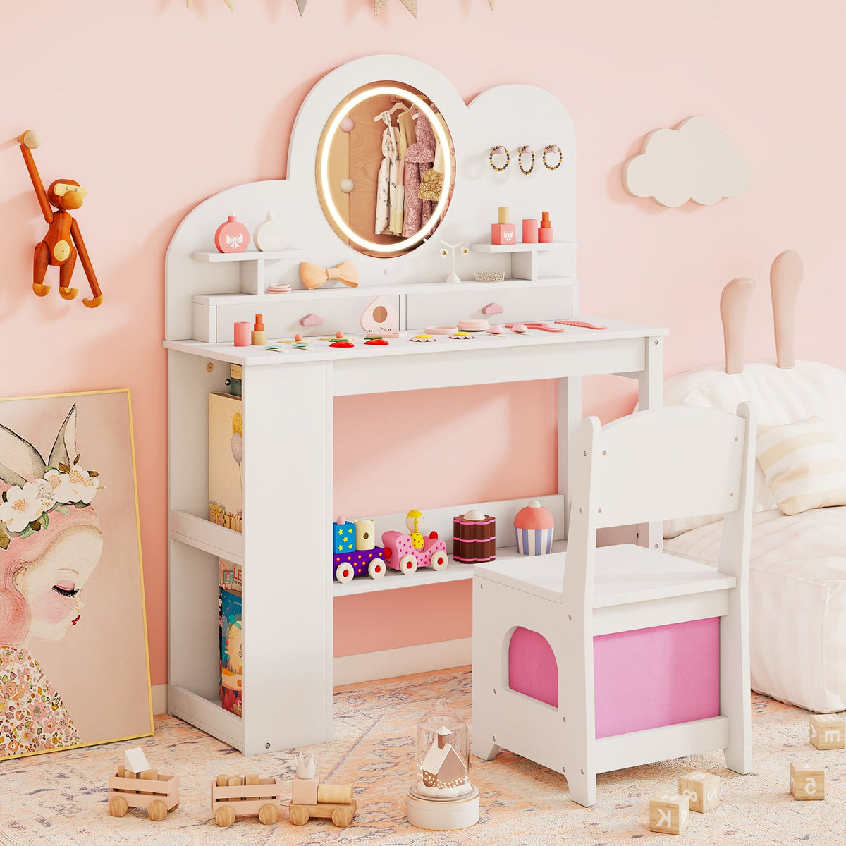 The kids vanity table and chair set with toys and decorations in a child's bedroom