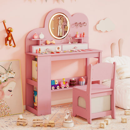 The pink kids vanity table and chair set in a child's bedroom with toys and decor