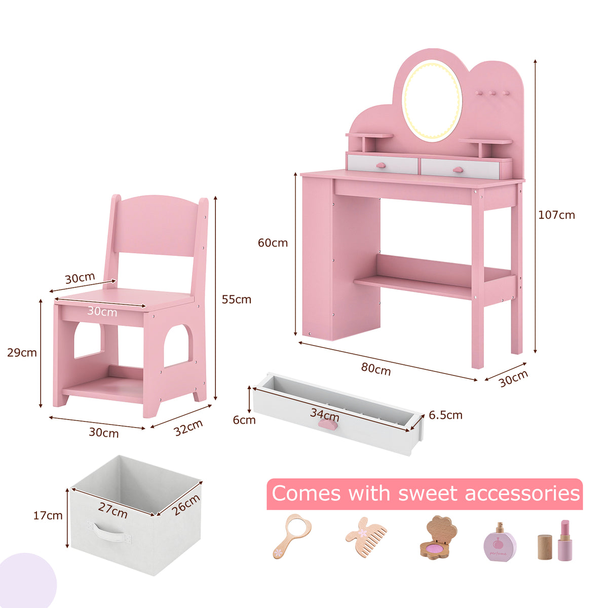 Dimensions diagram for the pink kids vanity table and chair set showing measurements