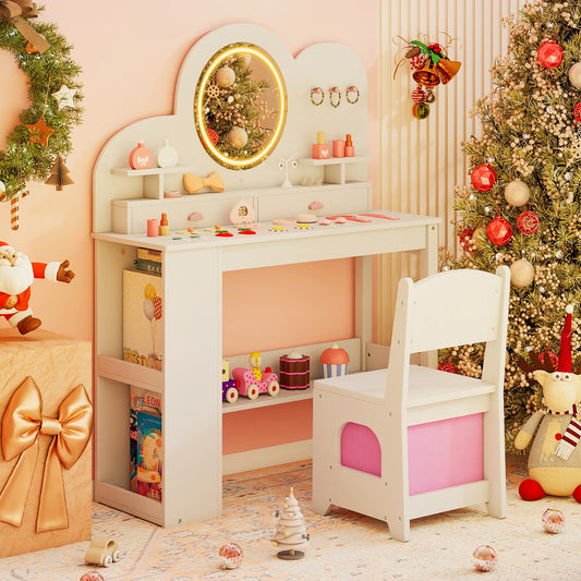 The princess vanity table and chair set in a festive room with a Christmas tree and presents