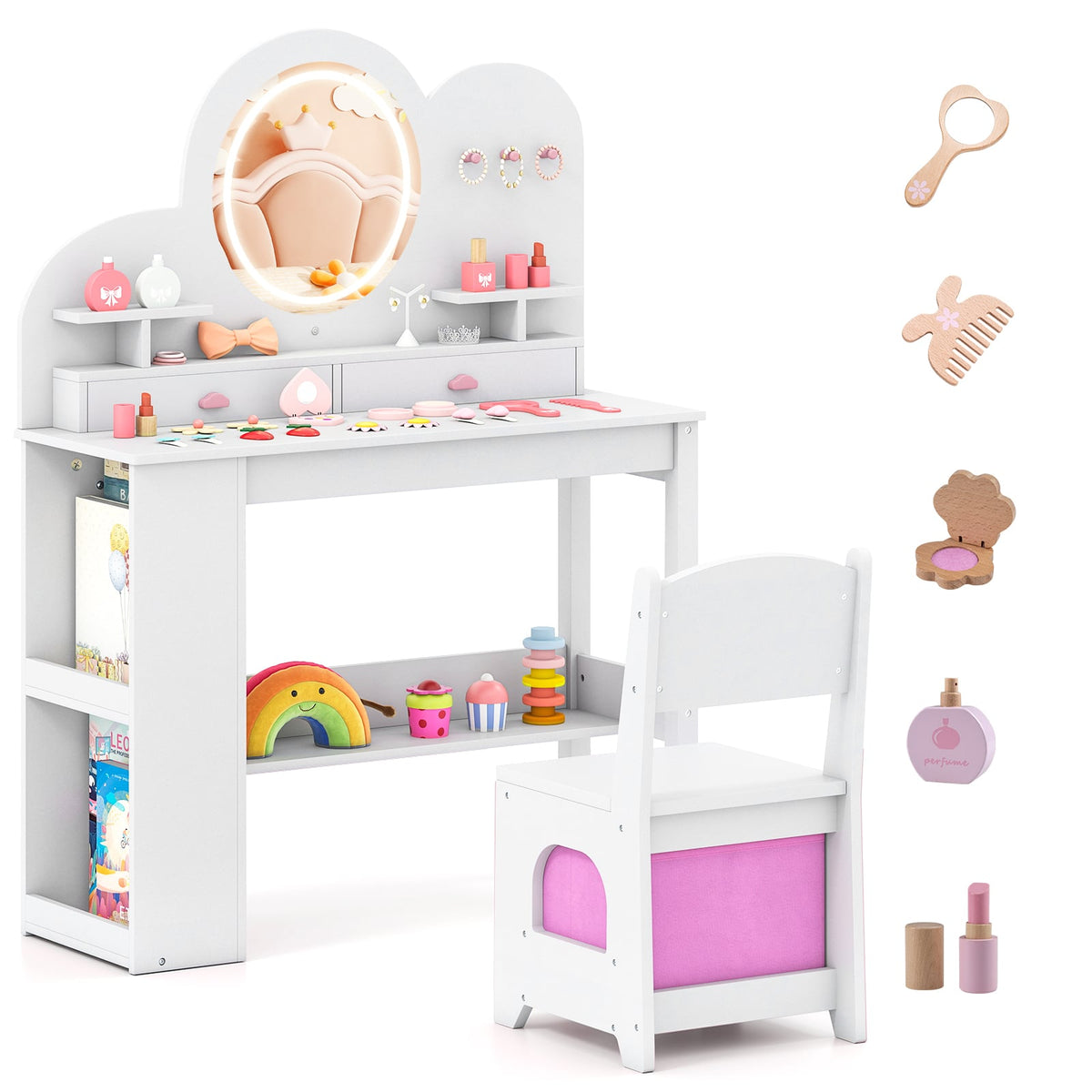 Kids Vanity with Lights Princess Vanity Table and Chair Set with 2 Drawers with accessories