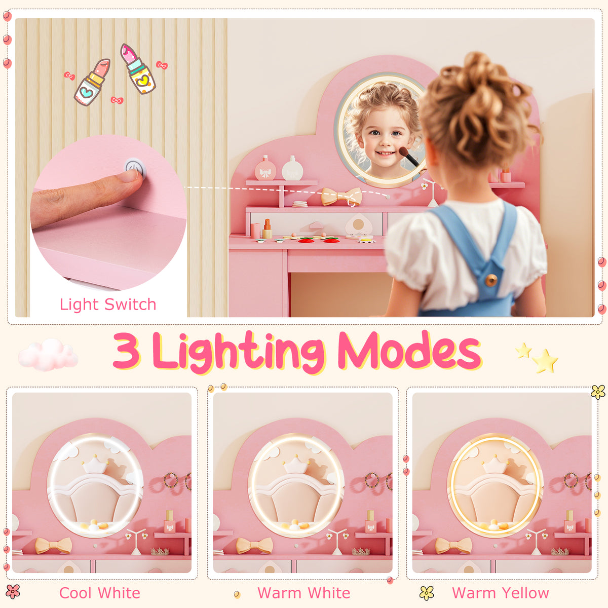 Close up of the light switch and three lighting modes for the kids vanity mirror