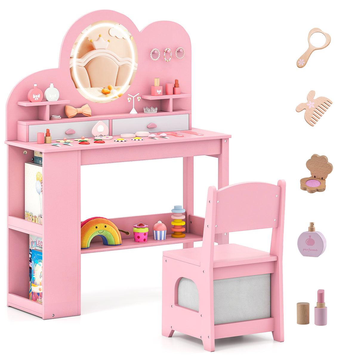 Kids Vanity with Lights Princess Vanity Table and Chair Set with 2 Drawers in pink with a mirror and chair
