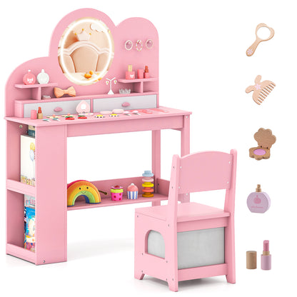 Kids Vanity with Lights Princess Vanity Table and Chair Set with 2 Drawers in pink with a mirror and chair