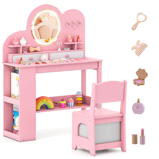 Kids Vanity with Lights Princess Vanity Table and Chair Set with 2 Drawers in pink with a mirror and chair