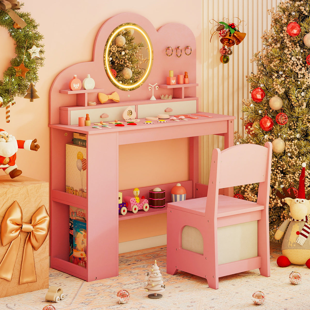 The pink princess vanity table and chair set in a festive room setting with Christmas decorations