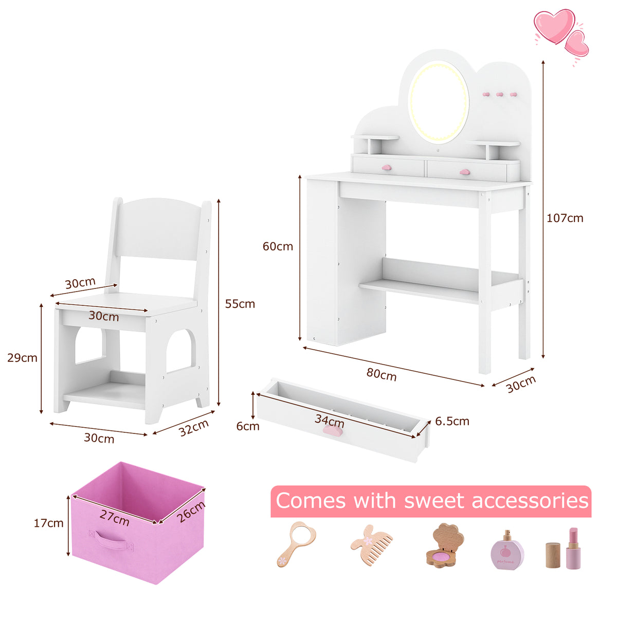 Dimensions of the kids vanity table and chair set and storage box
