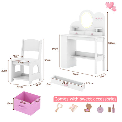 Dimensions of the kids vanity table and chair set and storage box