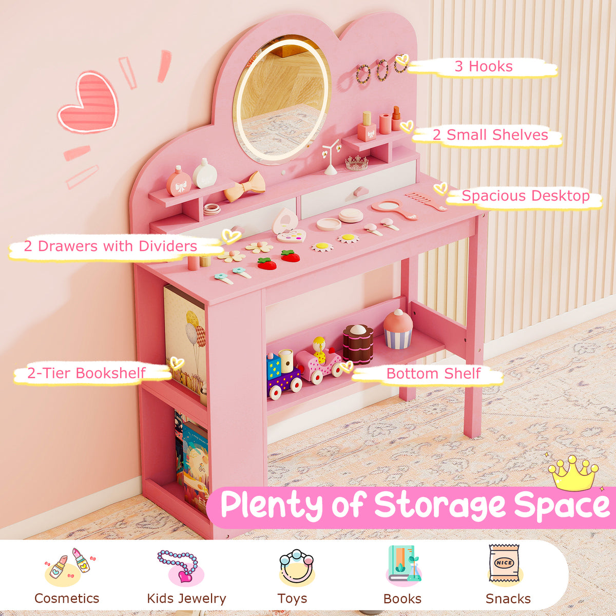 Diagram showing the storage features of the pink kids vanity table and chair set