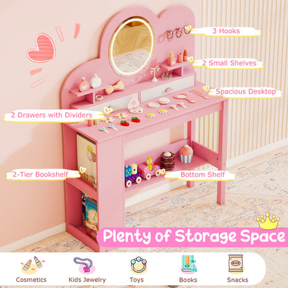 Diagram showing the storage features of the pink kids vanity table and chair set