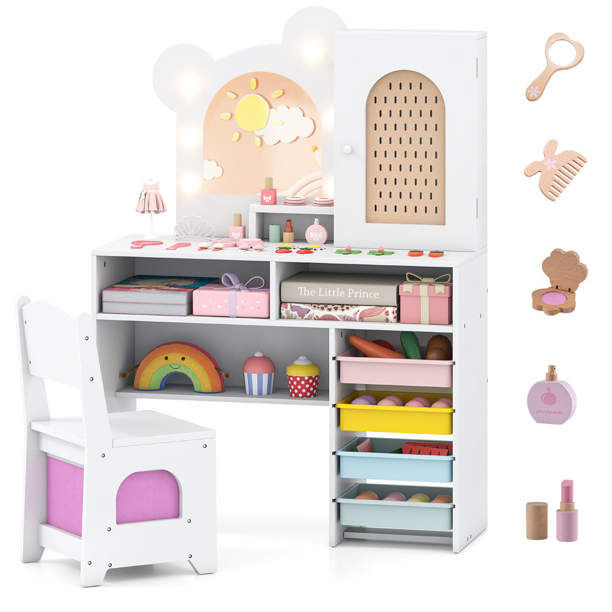 Kids Vanity with Lights Princess Vanity Table and Chair Set with 5 Drawers and 2 Compartments shown with accessories