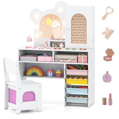 Kids Vanity with Lights Princess Vanity Table and Chair Set with 5 Drawers and 2 Compartments shown with accessories
